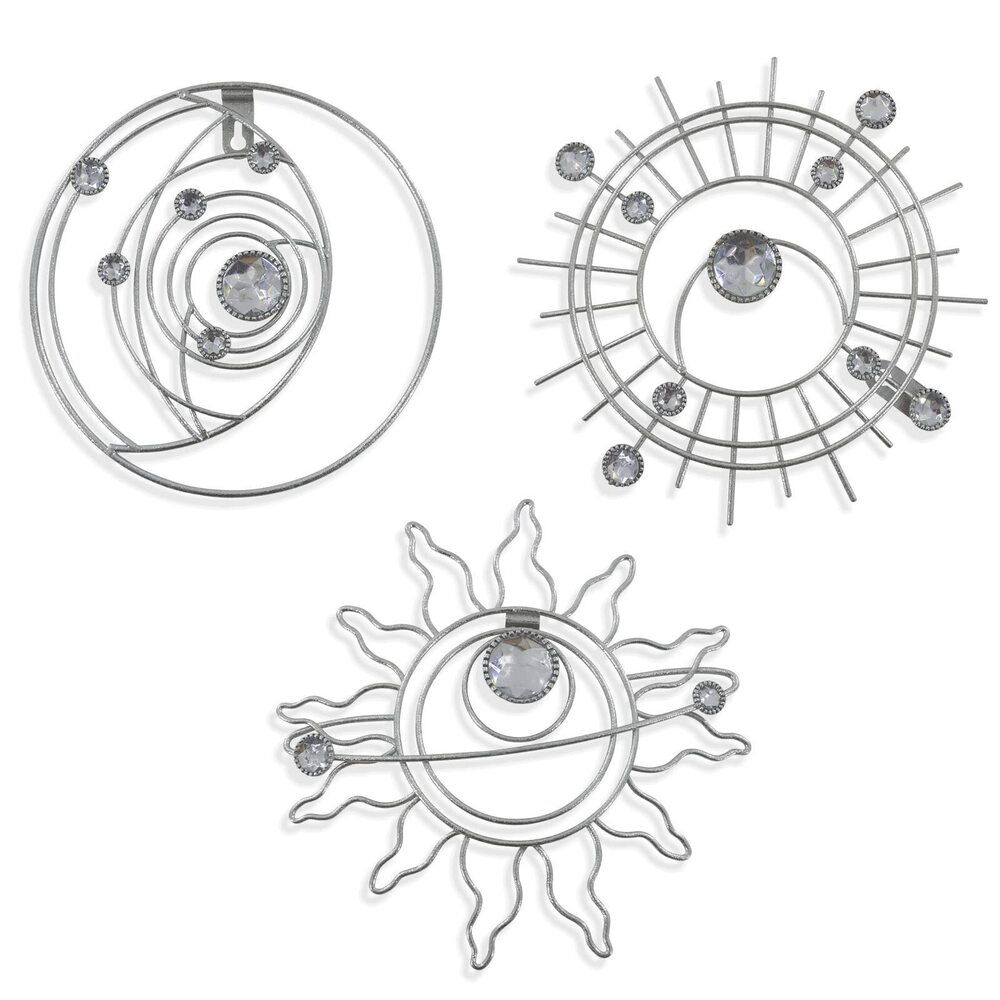 3574 Silver Metal Wall Art, Abstract Sun Moon Star Decor, Modern Line Art